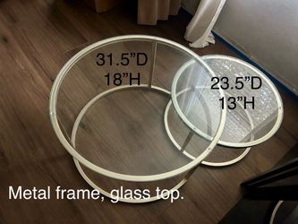 2 round glass coffee/end tables (golden frame)