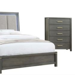 Kieran - 4 Piece Queen Bedroom Set With Upholstered LED Headboard - Grey
