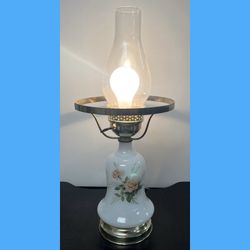 Vintage Floral Milk Glass Hurricane Parlor Lamp, missing globe 