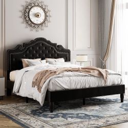 Queen Velvet Bed Frame with Adjustable Headboard, Wooden Slats, No Box Spring Needed, Easy Assembly, Black