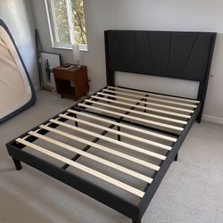 Queen Bed Frame With Grey Fabric Headboard