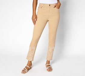 Denim & Co. Color Classic Stretch Laser Print Ankle Jeans Sand, Size Petite 18