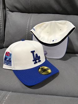 MLB new era Los Angeles dodgers off white blue 60th anniversary patch 59fifty a frame fitted hats size 7, 7 1/4, 7 3/8 and 7 1/2