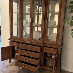 Gorgeous Mahogany Colored Wood China Cabinet With Lights, Mirrored Backing!