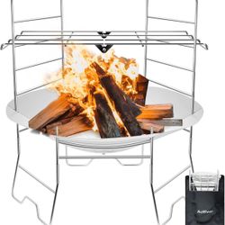 Portable Outdoor Fire Pit 17 Inch - 304 Stainless Steel Camping Fire Pit with Grill and Storage Bag for Outdoor Wood Burning, Camping, Backpacking, Ou