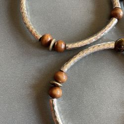 Hammered Silver Tone Stretch Bracelet With Tiger Eye - Set Of 3