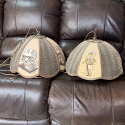 Signed Vintage Southwestern Rawhide Hanging Lamps – Native Kachina Artwork (Set of 2)