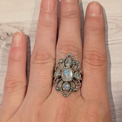 Vintage Sterling Silver Multi-stone Blue Flash Moonstone Ring