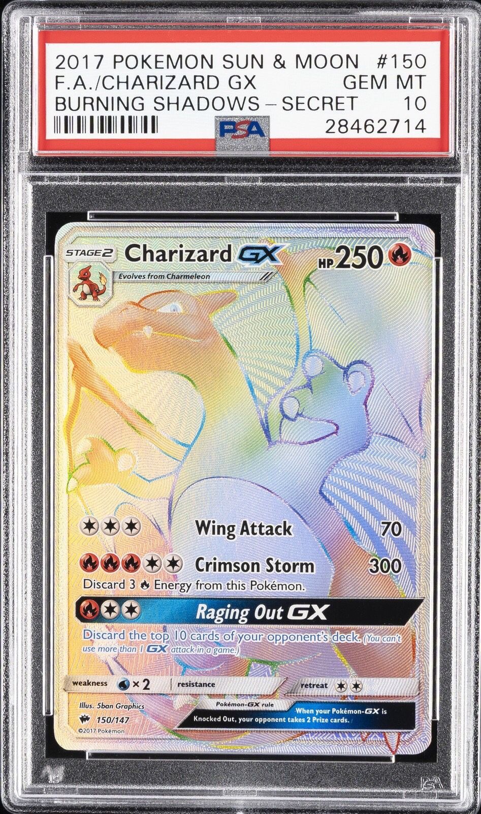 2017 POKEMON SUN & MOON BURNING SHADOWS SECRET #150 FULL ART/CHARIZARD GX PSA 10