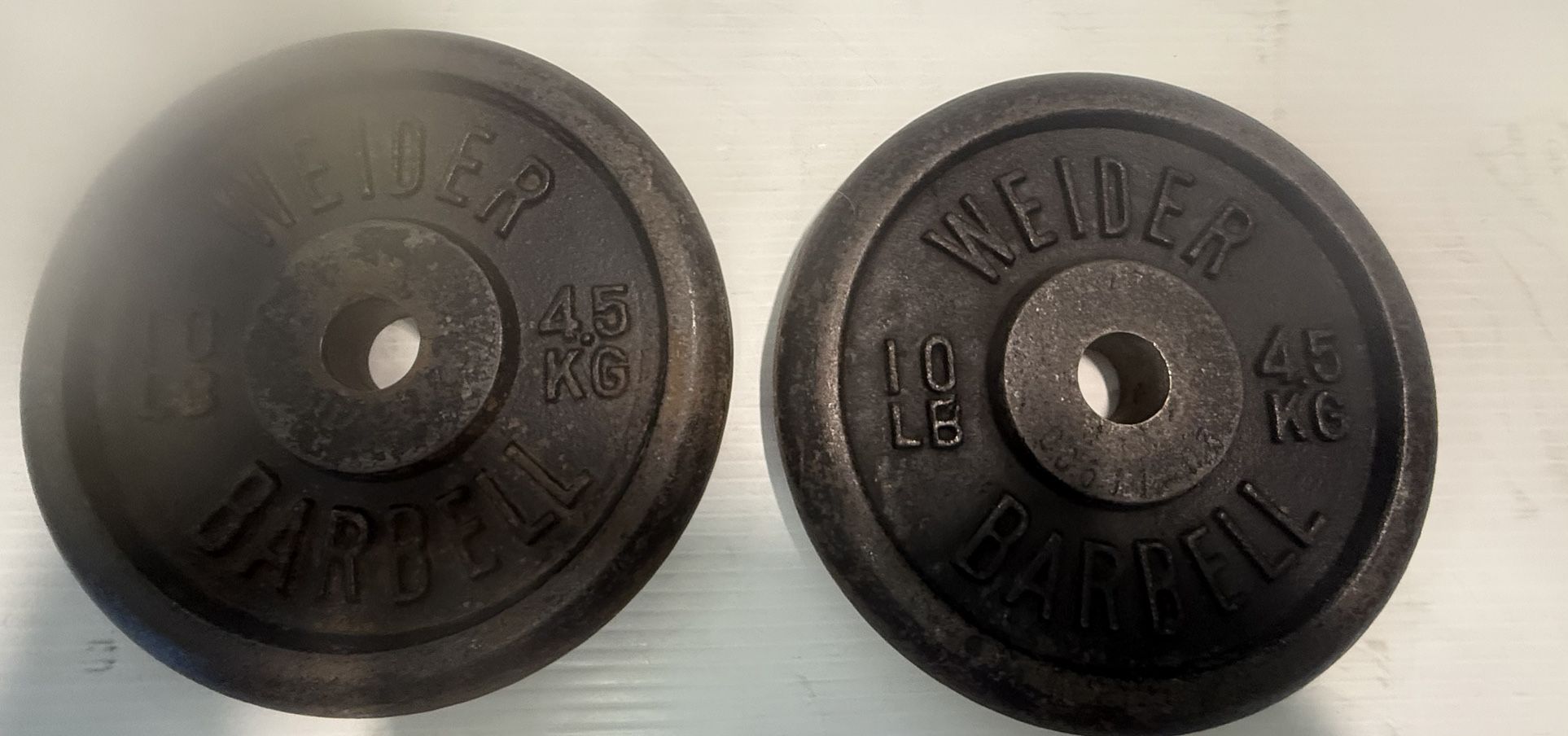 Vintage 10lb Weider Barbell Standard Weight. 1" hole. Set of 2.