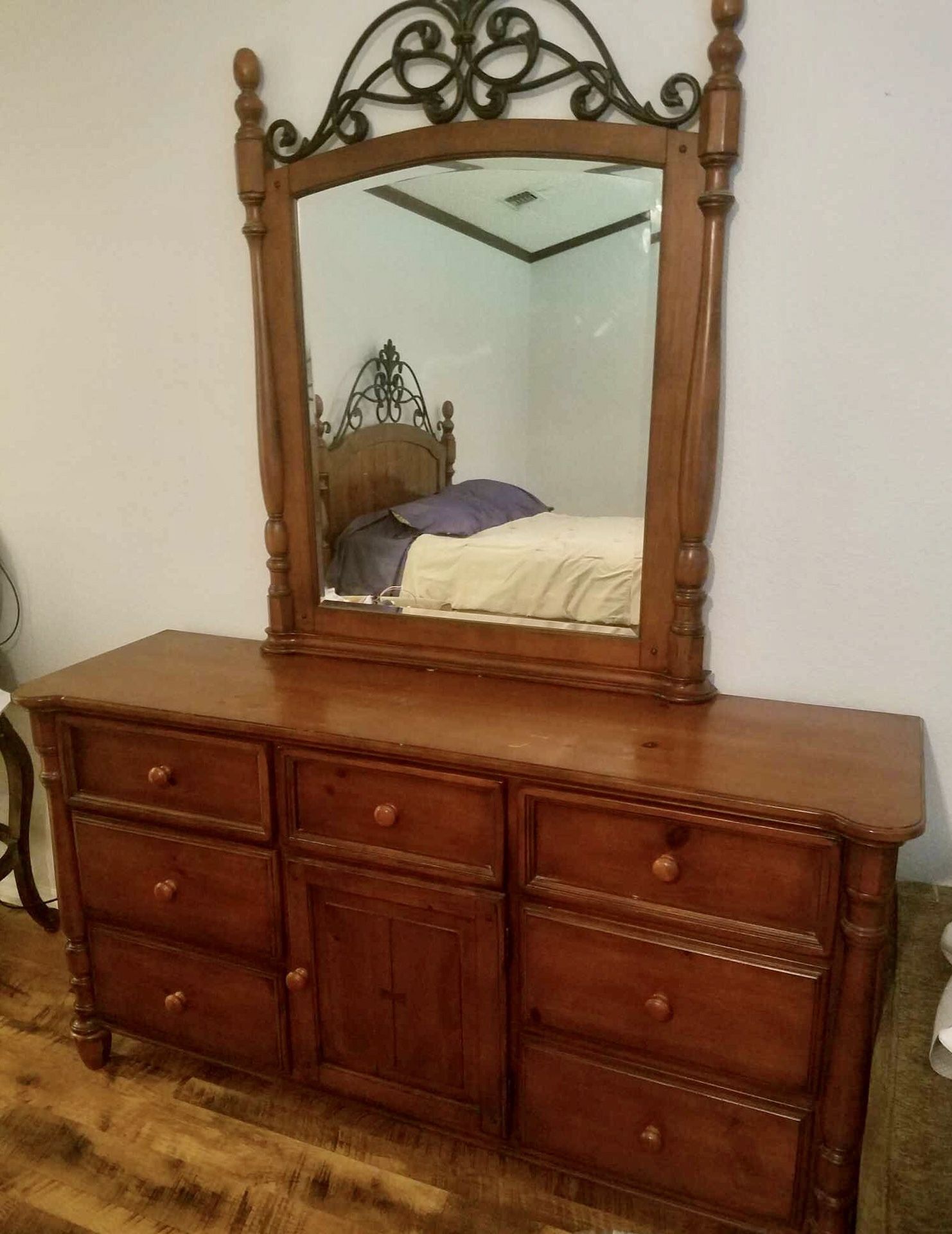 Cherrywood and Iron Bed, Dresser w/ Large Beveled Mirror and Small Bedside Dresser Drawers