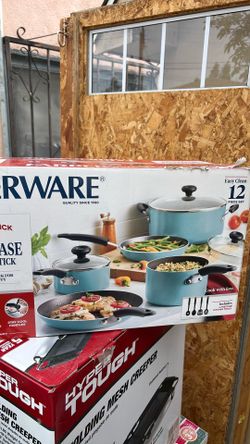 Farberware Easy Clean 12 Pcs Nonstick Cookware Set with Cooking Tools, Dishwasher Safe, Aqua