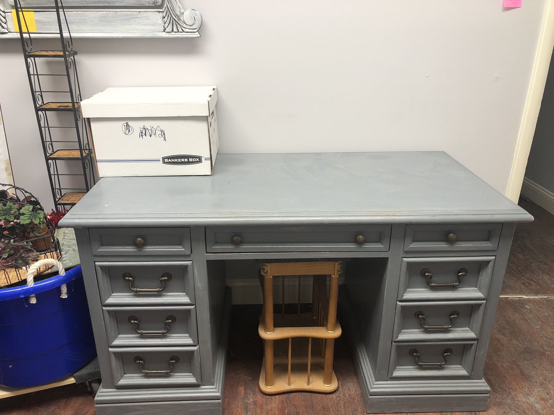 Antique Wooden Desk Painted Grey 