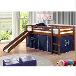 Kids Loft Bed with Slide with Tent, Twin, Light Espresso/Blue