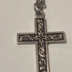 Decorative Silver Cross On Silver Necklace