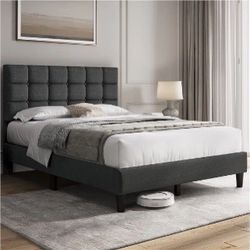 Upholstered Bed Frame, Modern Platform Bed Frame with Square Tufted Headboard, Strong Wooden Slats Support Height Adjustable