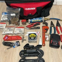 Random tools and batteries & Husky Bag