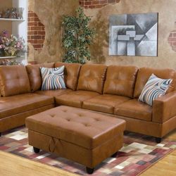 Caramel Brown Leather Sectional Couch With Storage Ottoman And Pillows 