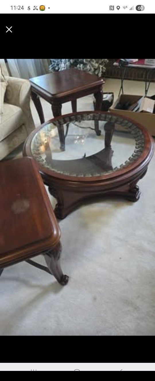  Cherrywood and glass coffee and end tables
