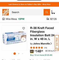 R-38 Kraft Faced Fiberglass Insulation Batt 24 in. W × 48 in. L by Johns Manville. Located in North Park 92104.