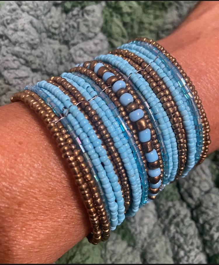 Beautiful Turquoise and Brass Colored Wide Beaded Flex Bracelet