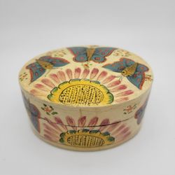 Vintage Trinket Box Floral Hand Made Paper Mache & Epoxy Spring Butterfly 3.5"