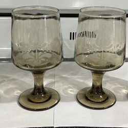 Vintage Pfaltzgraff Village Smoky Brown Etched Wine Glasses Goblets Set of 4