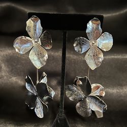 Silver Metallic Flower Dangle Earrings