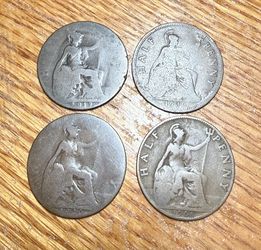 Lot Of 4 Different Old British 1/2 Penny Coins 1(contact info removed) Vintage World Foreign!!