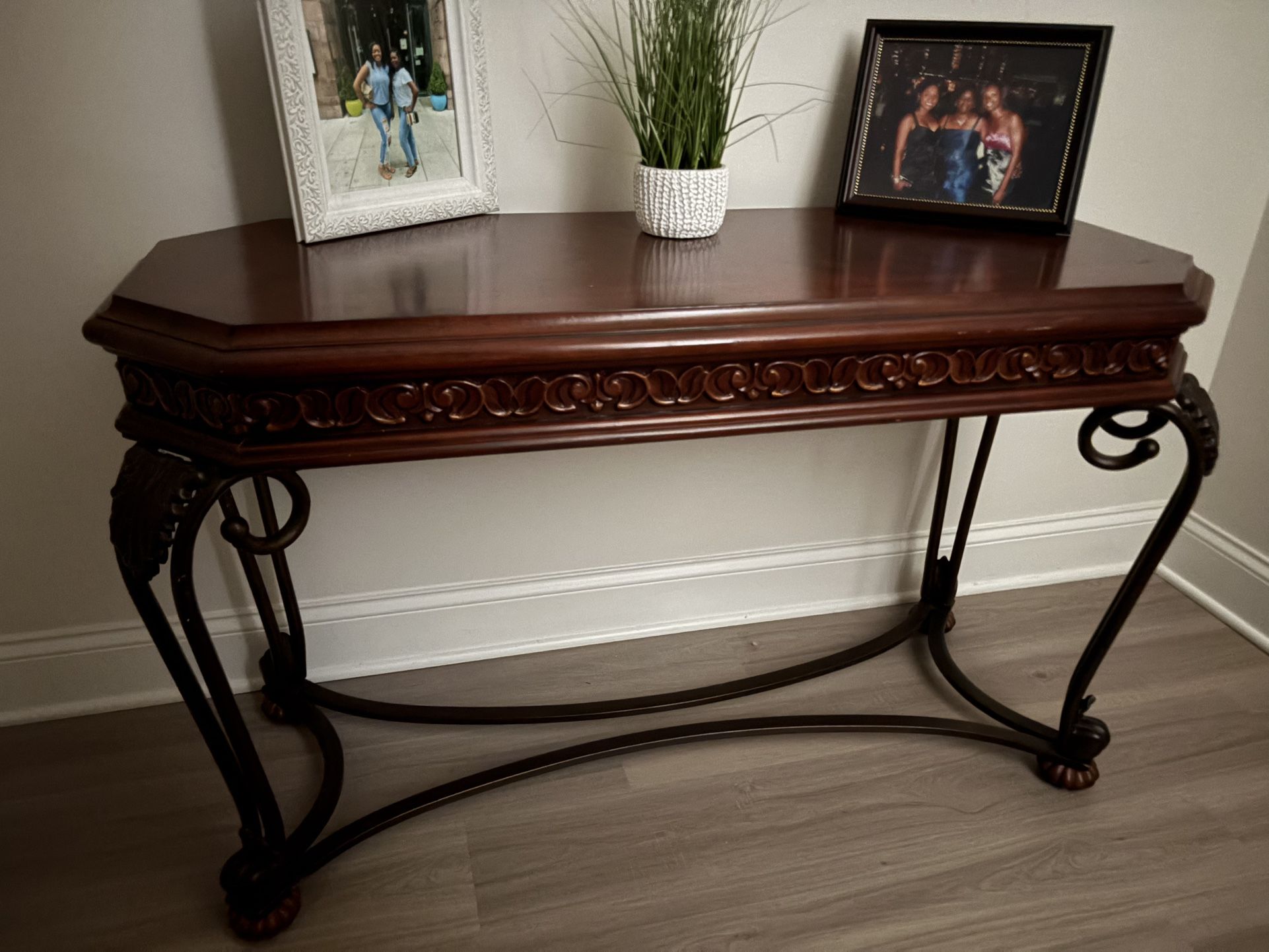 Elegant Entryway Console Table – Carved Wood & Iron Legs - $200 (Duluth/Lawrenceville Area)