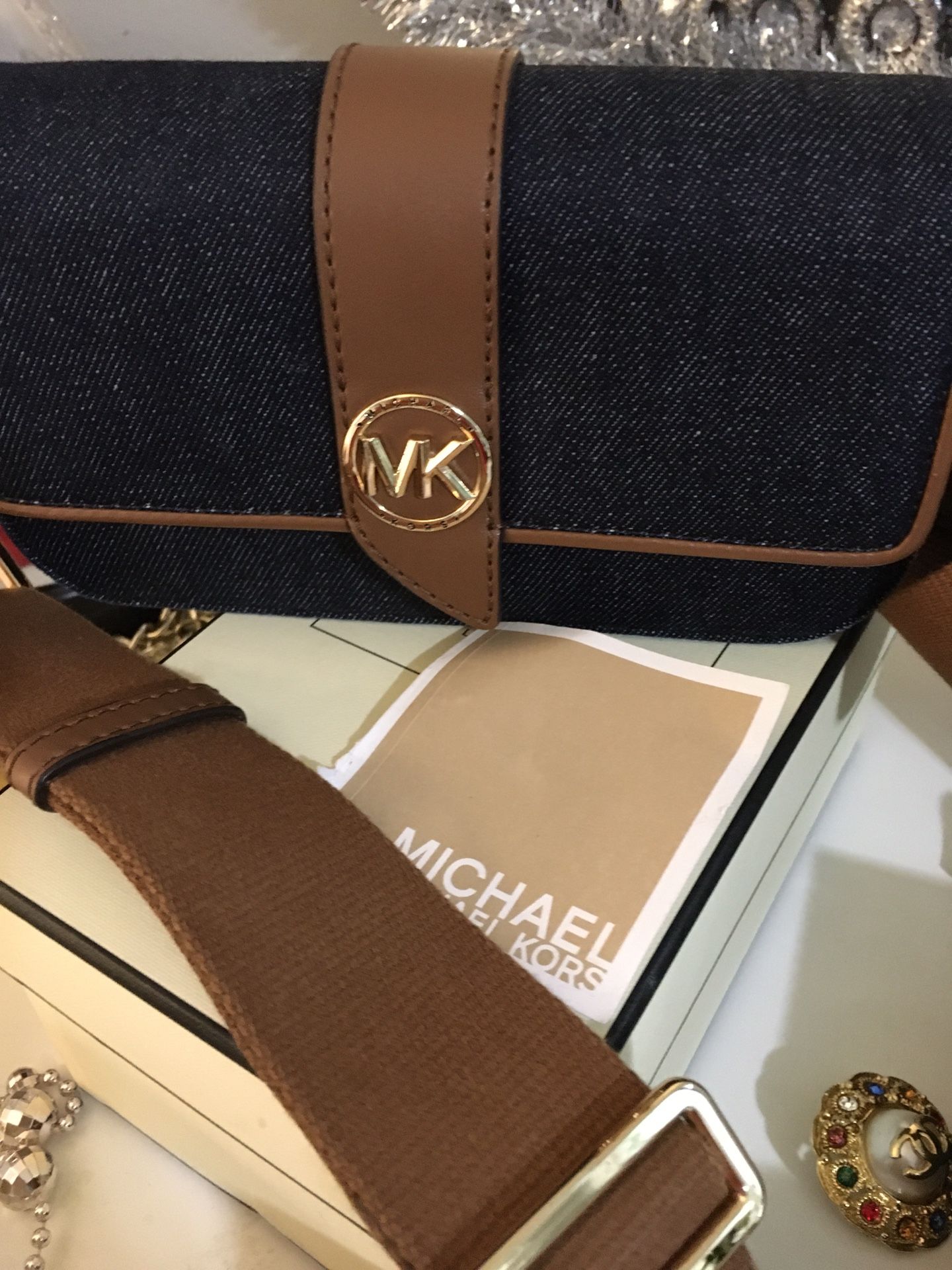 Authentic Michael Kors Denim Saddle Crossbody Bag 