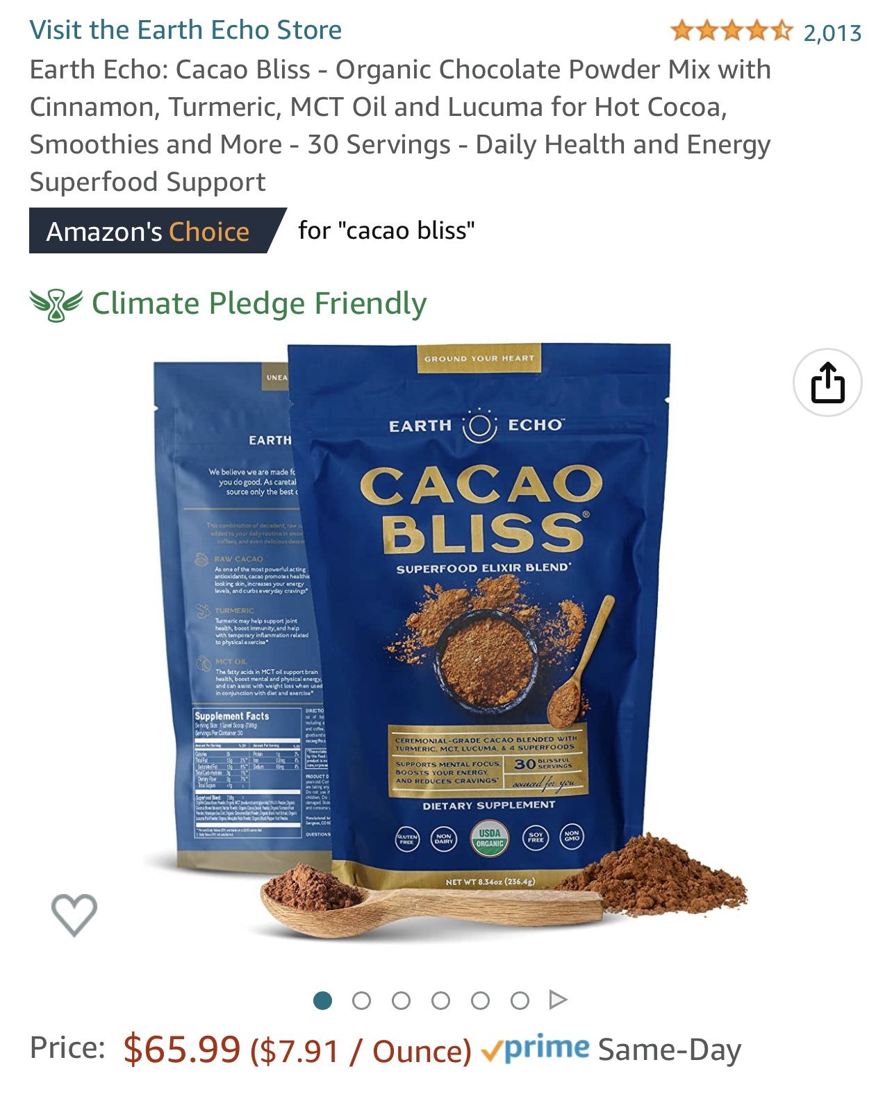 Earth Echo: Cacao Bliss - Organic Chocolate Powder Mix with Cinnamon, Turmeric, MCT Oil and Lucuma for Hot Cocoa, Smoothies and More - 30 Servings - D