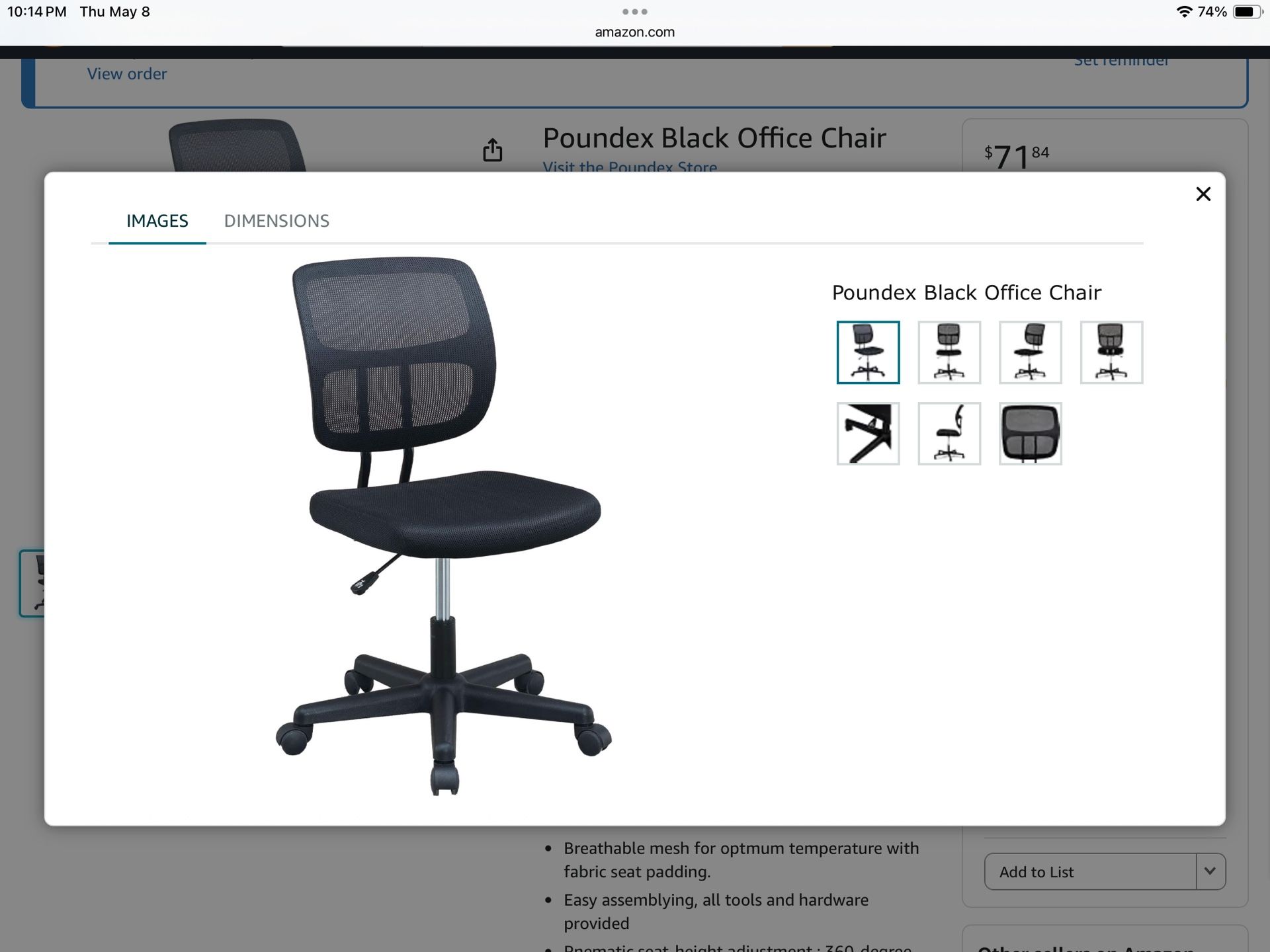 Poundex Adjustable Height Office Chair in Black Mesh