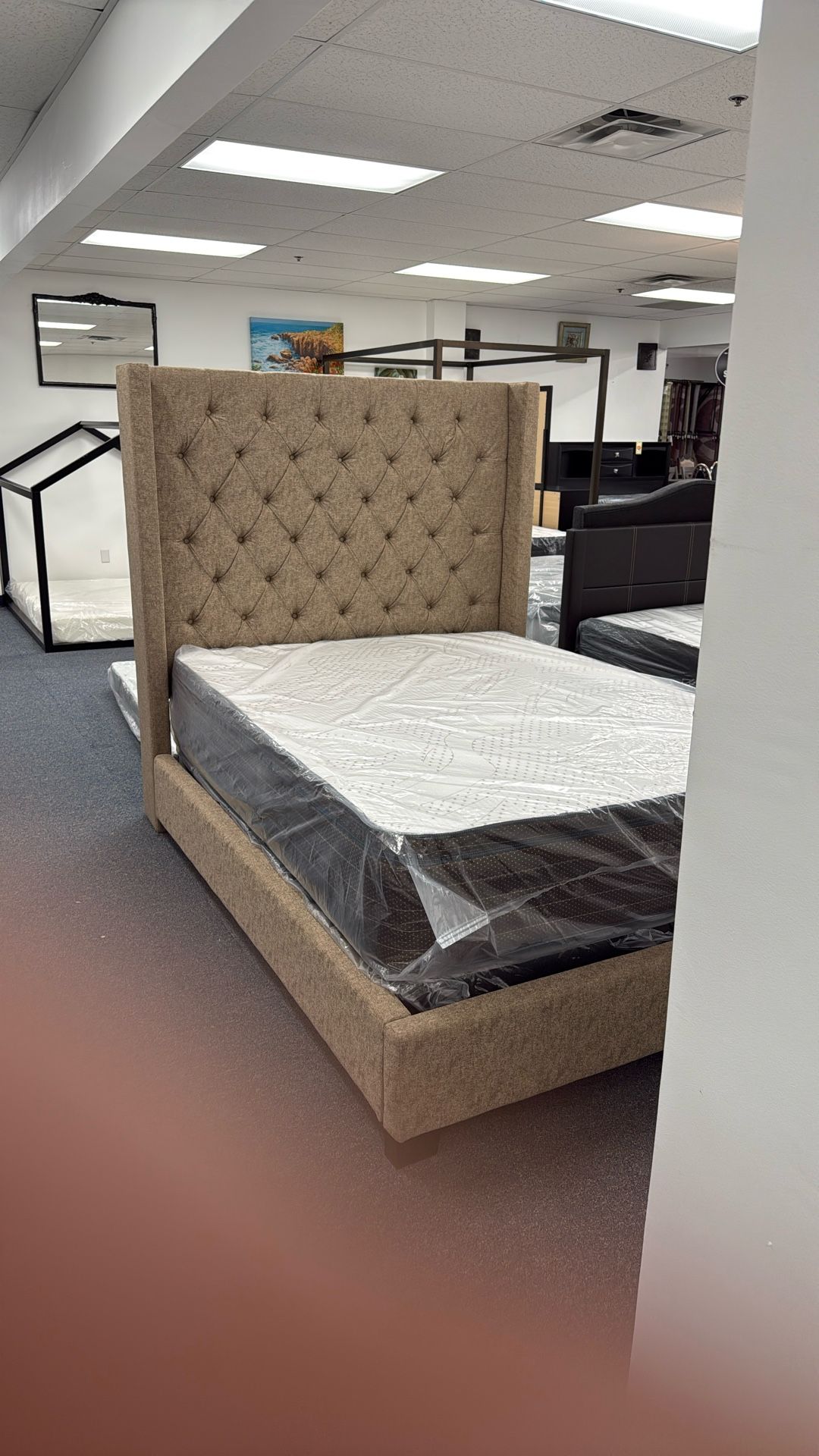 Queen Beige High Headboard Bed β Was $700, Now Only $299!β