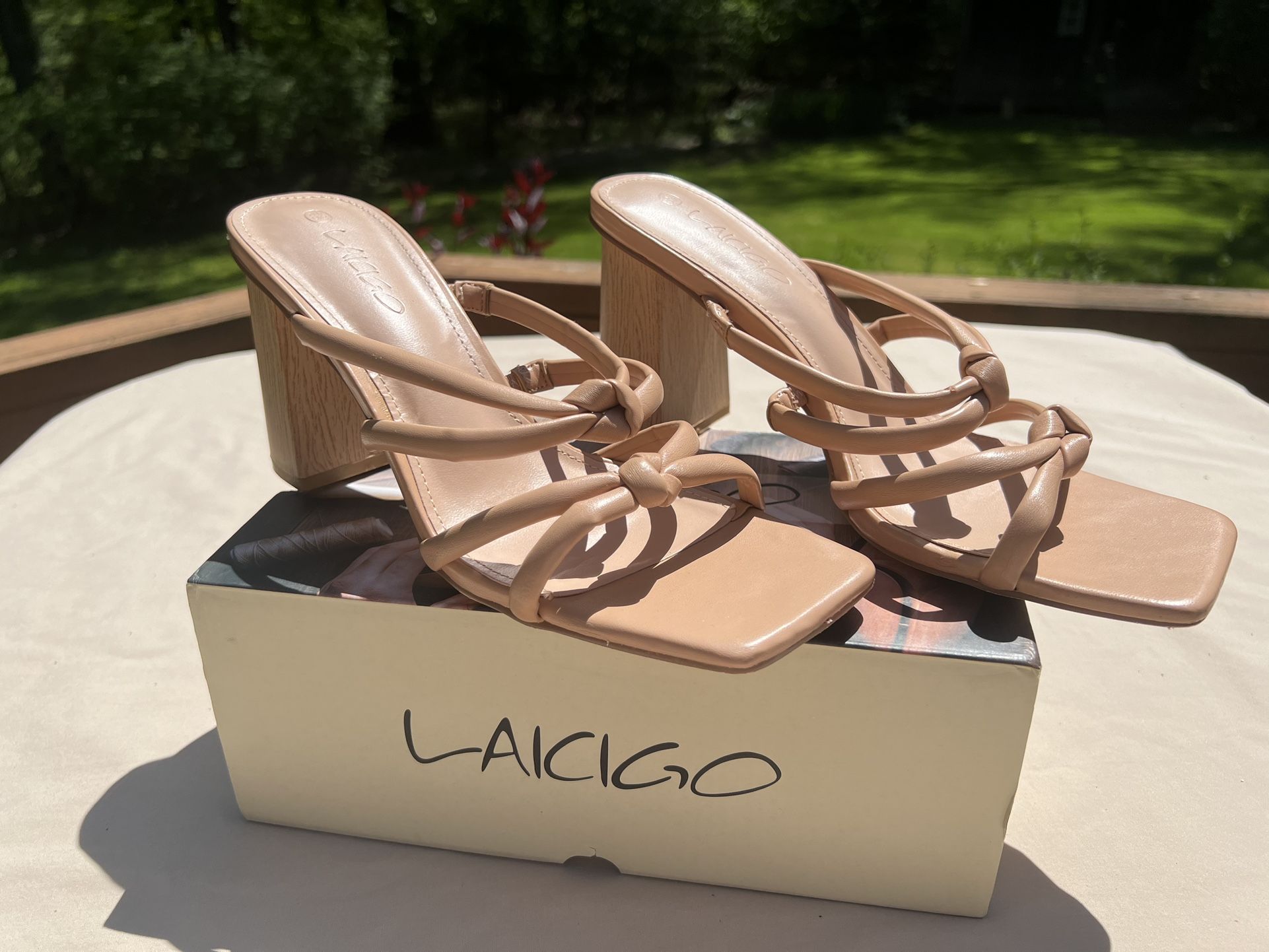 LAICIGO Women’s 8.5 Square Toe Heeled Sandals Double Knot Block Heel Slip On Shoes