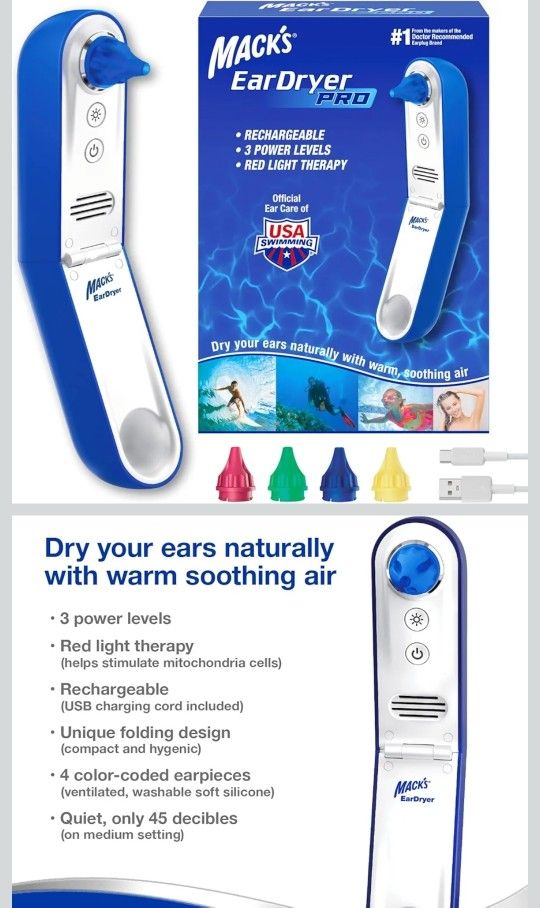 Mack's Ear Dryer PRO Rechargeable Warm Air Ear Water Drying Aid with Red Light Therapy