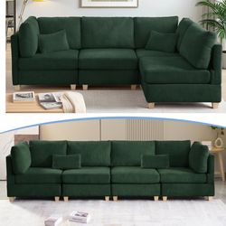4-Person Convertible Modular Corduroy Upholstered Sectional Sofa green