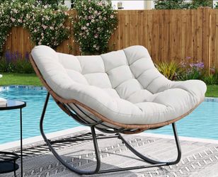 Egg Rocking Chair, Indoor Papasan Rocking Chair with Thick Cushion, Modern Lounge Rocker for Balcony, Living Room, Bedroom, Porch, Lawn, Garden (Ivory