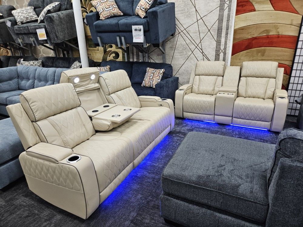 Brand New Electric Beige Leather Sofa Loveseat Recliner Wireless Charger LED