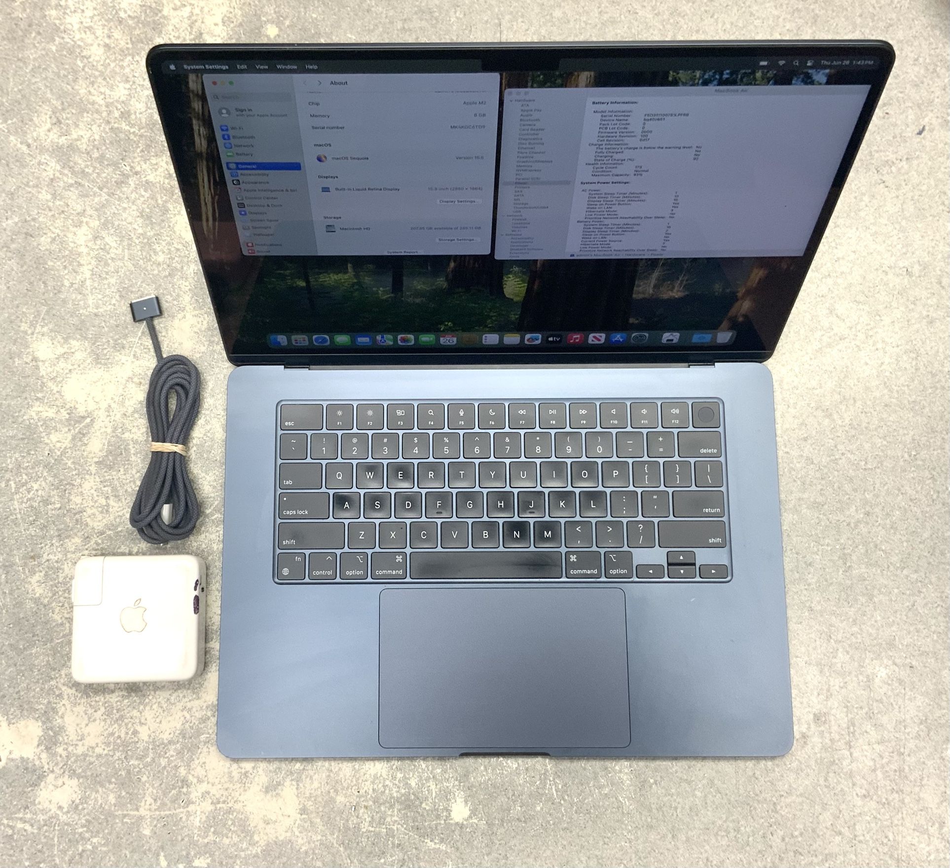 Apple MacBook Air Laptop M2 Chip 8GB RAM macOS Sequoia 15.3 Inch Liquid Retina Display Screen 250 SSD Memory Storage Notebook Wifi Bluetooth Keyboard
