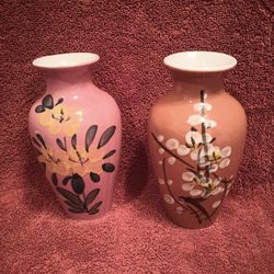 Two Vintage Pottery Vases Hand Painted Blossoms And Flowers 6.5” tall