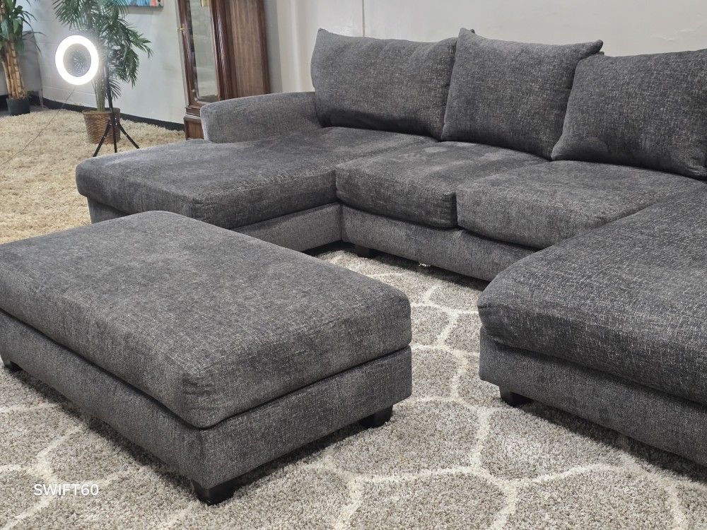 🩶 Modern Charcoal U-Shape Sectional + Ottoman | Free Same-Day Delivery 🚚