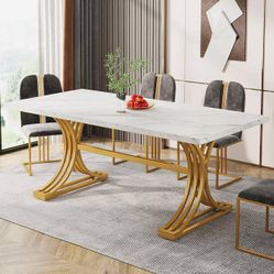 63-Inch Rectangular Dining Table for 4 to 6, Modern Kitchen Tables with Stylish Metal Trestle Legs, Large Dinner Tables for Dining Room, Only Table (W