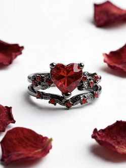 Gothic Red Heart Ring Set - Black Twig Promise Ring - 2 Piece - Size 6-10 NEW