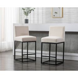 Guyou 27" Height Linen Upholstered Bar Stool Set of 2, Modern Metal Counter Height Stool with Mid Backrest and Footrest for Kitchen Island Bar Restaur