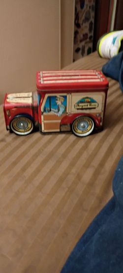 vintage Cherrydale Farms tin delivery truck coin bank.
