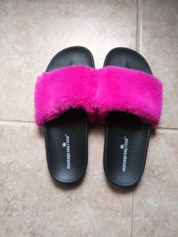 Montego bay club pink faux fur pool sliders (size : 8)