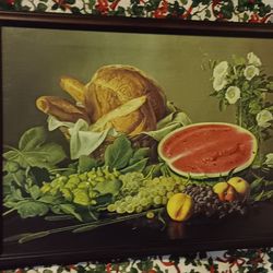 Framed still life painting fruit bread art