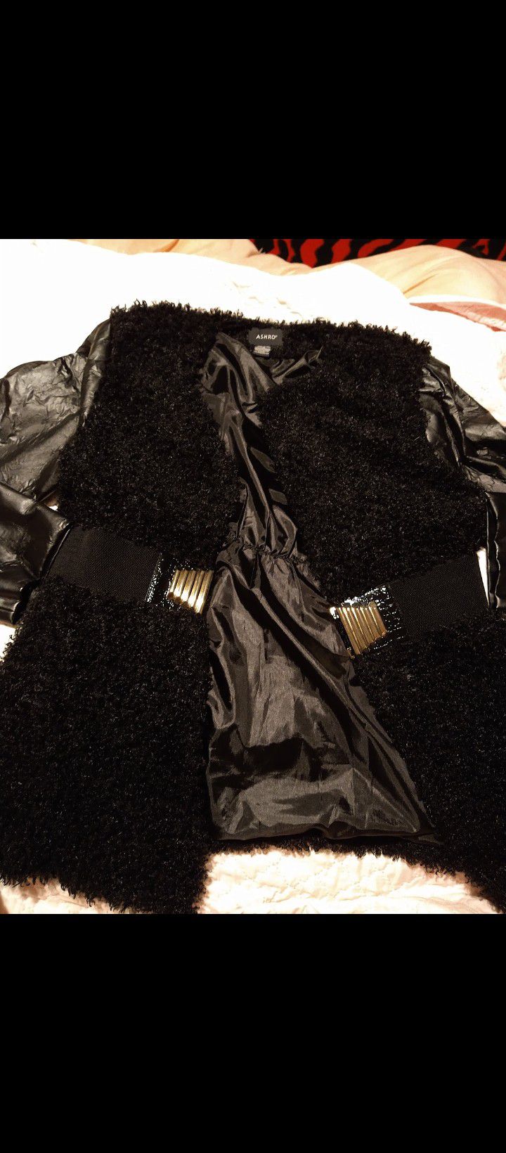 Black Leather Coat  With Fur.