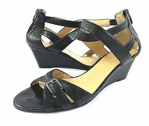 Nine West Womens Black Leather Strappy Gladiator Wedge Sandals Heels